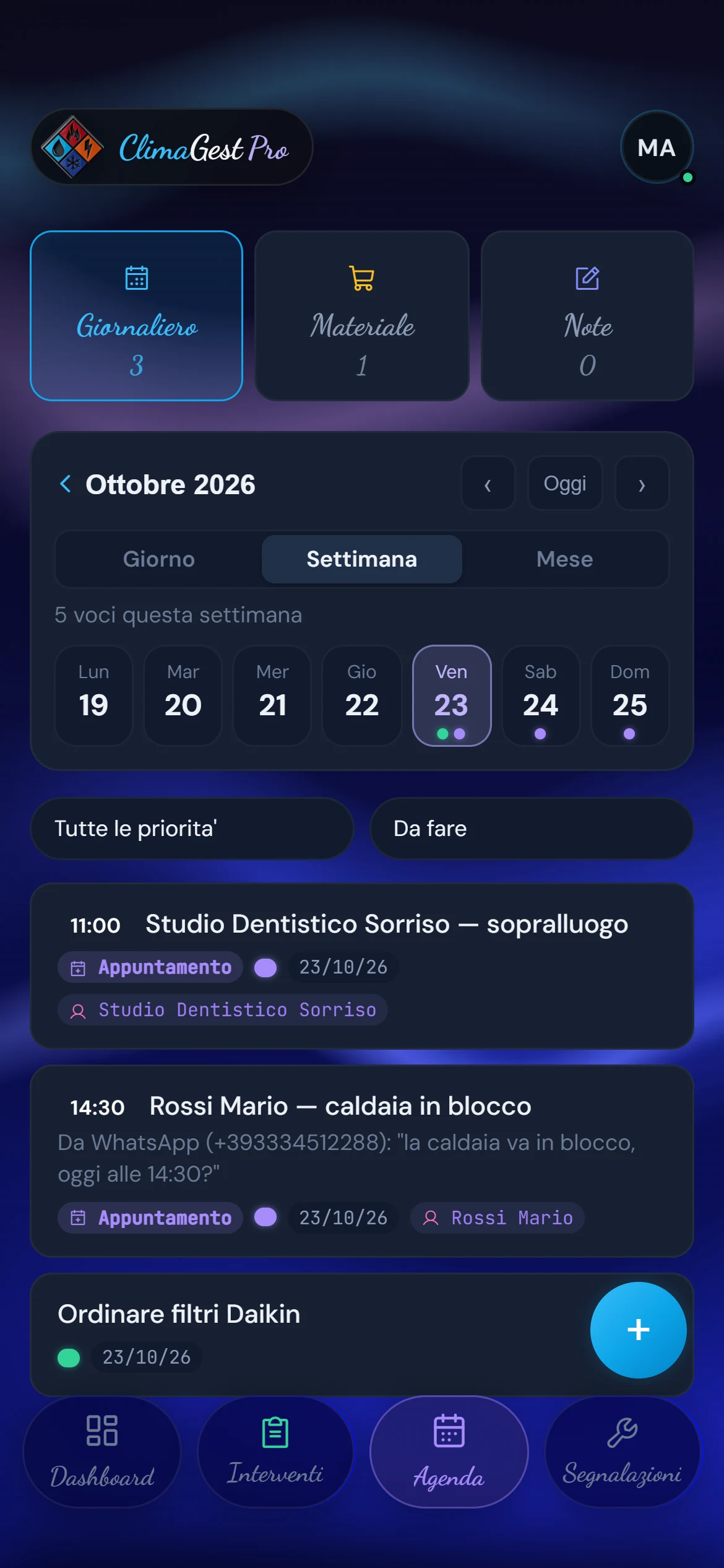 Agenda settimanale di ClimaGest