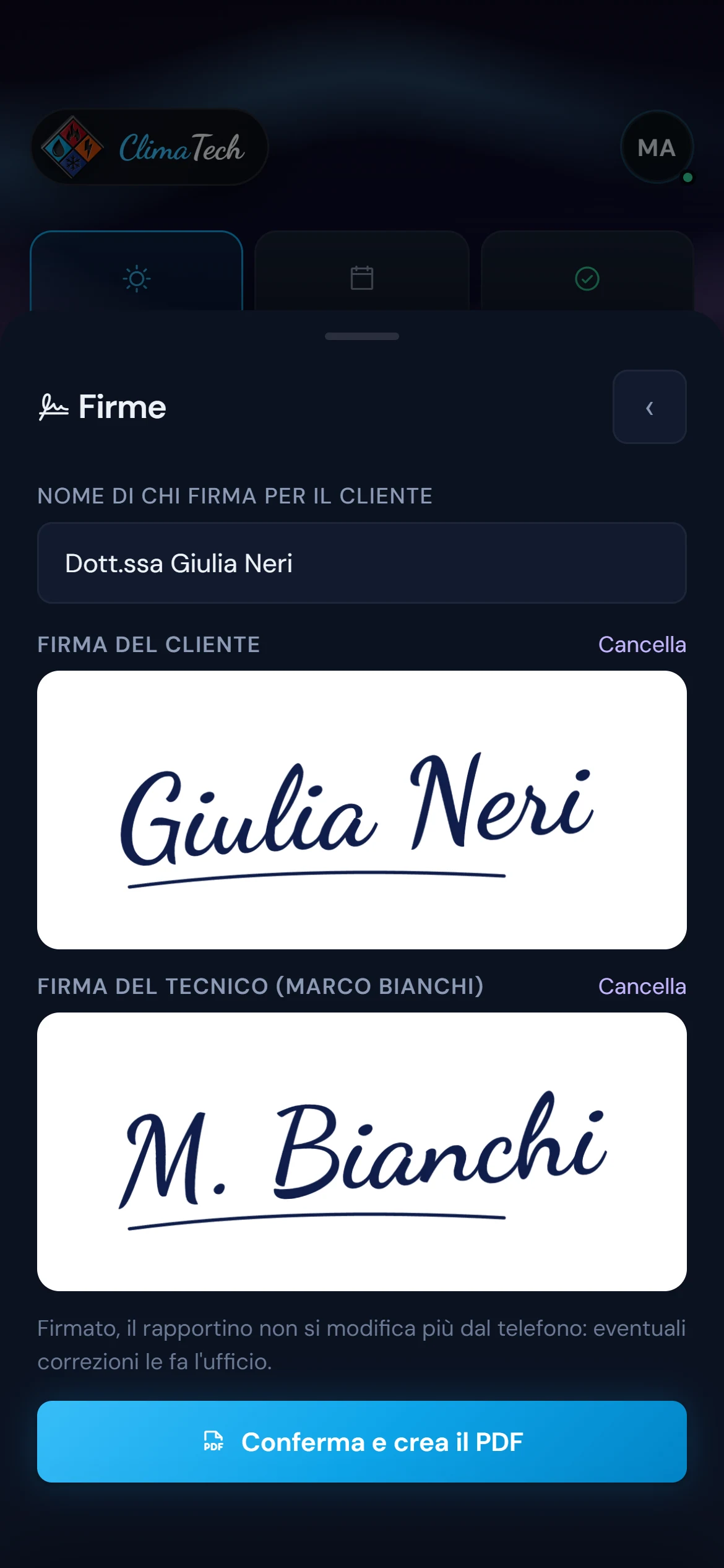 Firma del cliente sul rapportino digitale
