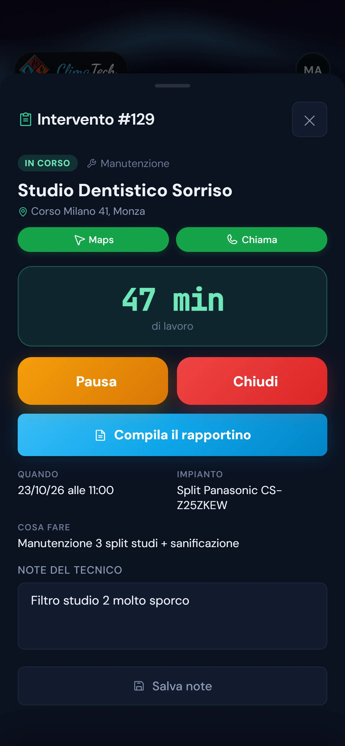 Intervento in corso con il cronometro in ClimaTech